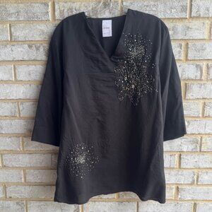 ETHNC 3/4 Sleeve V-Neck Embroidery Floral Boho Blouse Women's Size L